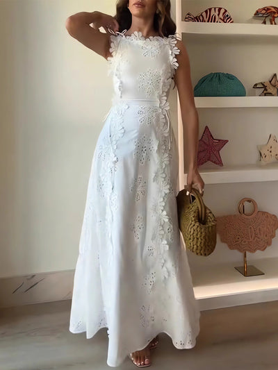 Éliora | Robe longue avec bretelles nouées et motif floral en dentelle