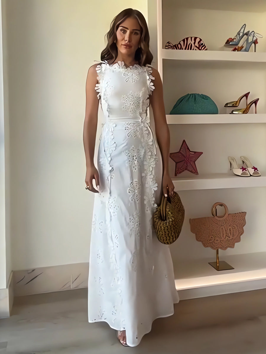 Éliora | Robe longue avec bretelles nouées et motif floral en dentelle