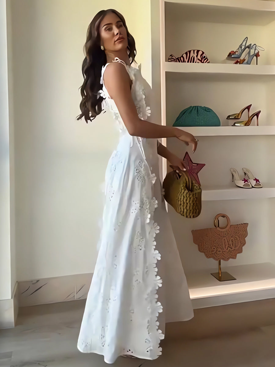 Éliora | Robe longue avec bretelles nouées et motif floral en dentelle