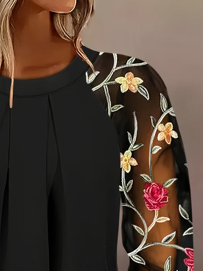 Prune | Haut Noir à Manches Florales