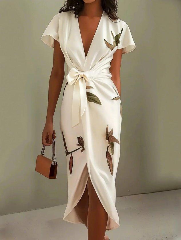 Tammy | Robe midi ajustée en satin avec manches courtes et motif de feuilles blanches