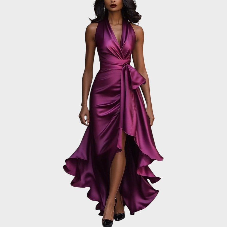 Lina | Robe en satin élégante de minuit avec col à la cheville et volants