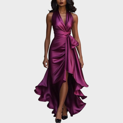 Lina | Robe en satin élégante de minuit avec col à la cheville et volants