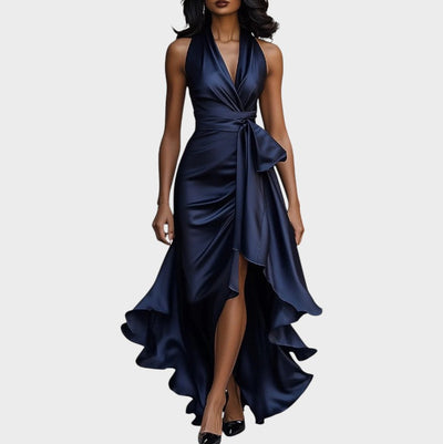 Lina | Robe en satin élégante de minuit avec col à la cheville et volants