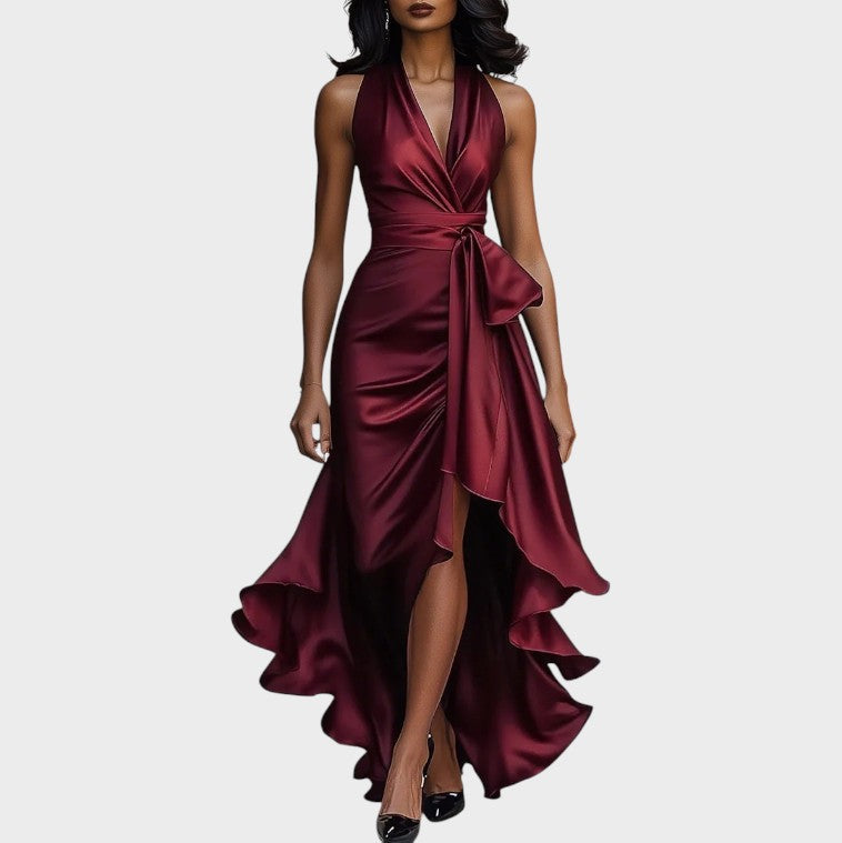 Lina | Robe en satin élégante de minuit avec col à la cheville et volants