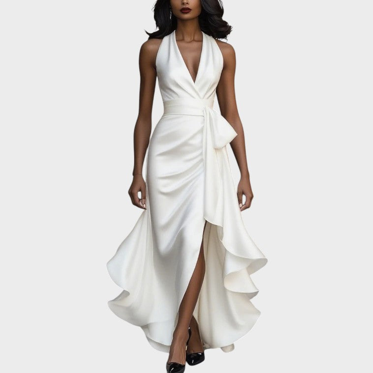 Lina | Robe en satin élégante de minuit avec col à la cheville et volants