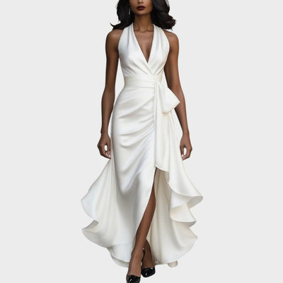 Lina | Robe en satin élégante de minuit avec col à la cheville et volants