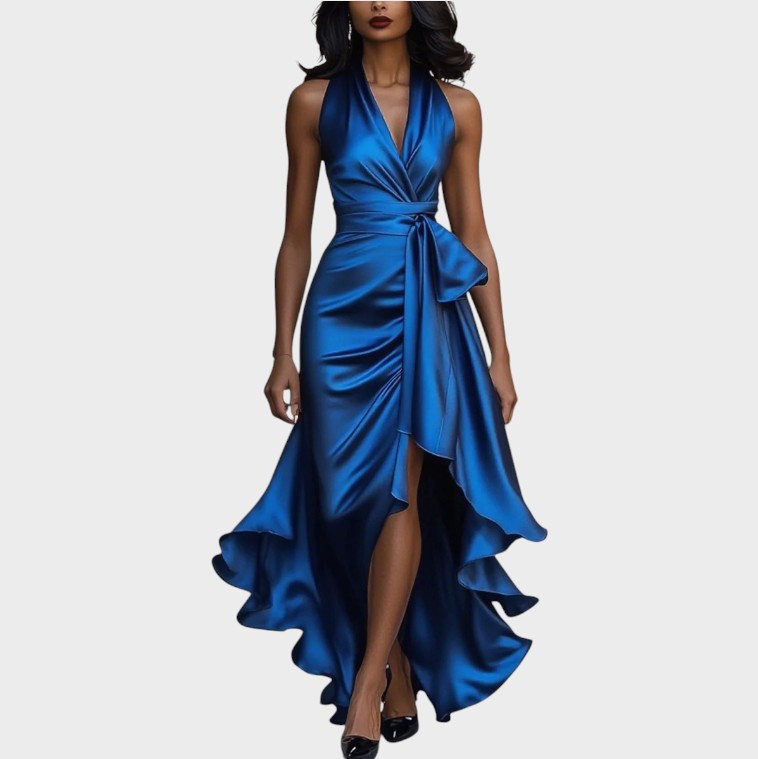 Lina | Robe en satin élégante de minuit avec col à la cheville et volants