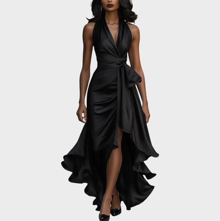 Lina | Robe en satin élégante de minuit avec col à la cheville et volants